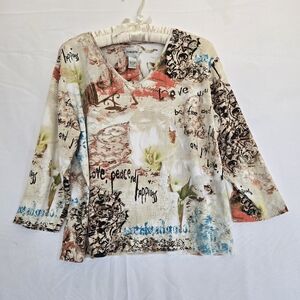 Chicos 3/4 Sleeve  Love Peace And Happiness V-Neck Graphic Cotton Top Size 3